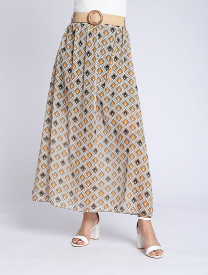 Jupe longue en voile imprimé géométrique stylisé - Kaki - 4
