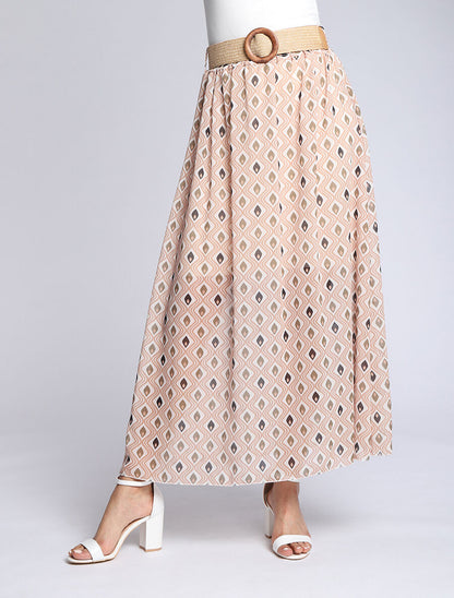 Jupe longue en voile imprimé géométrique stylisé - Beige - 4