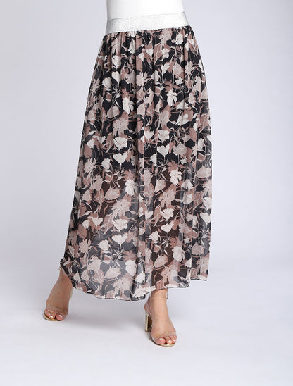Jupe longue à imprimé fleuri et ceinture irisée - Noir - 4