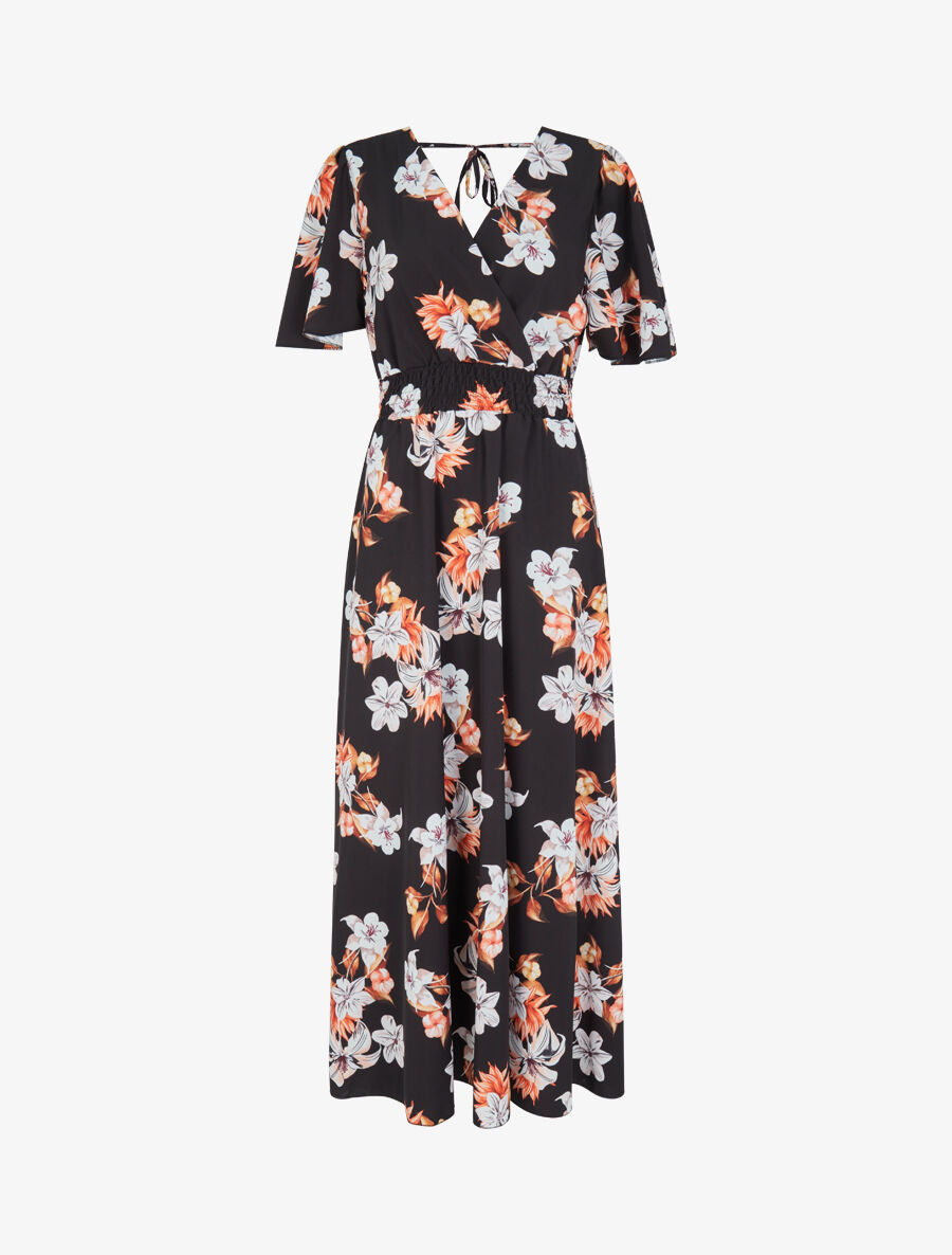 Robe longue imprimé bouquet de lys à manches papillon - Noir - 4