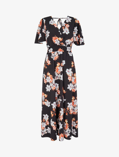 Robe longue imprimé bouquet de lys à manches papillon - Noir - 4