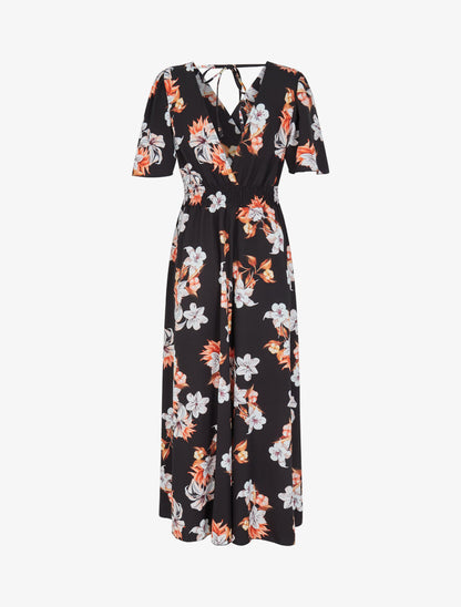 Robe longue imprimé bouquet de lys à manches papillon - Noir - 2