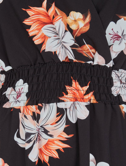 Robe longue imprimé bouquet de lys à manches papillon - Noir - 3