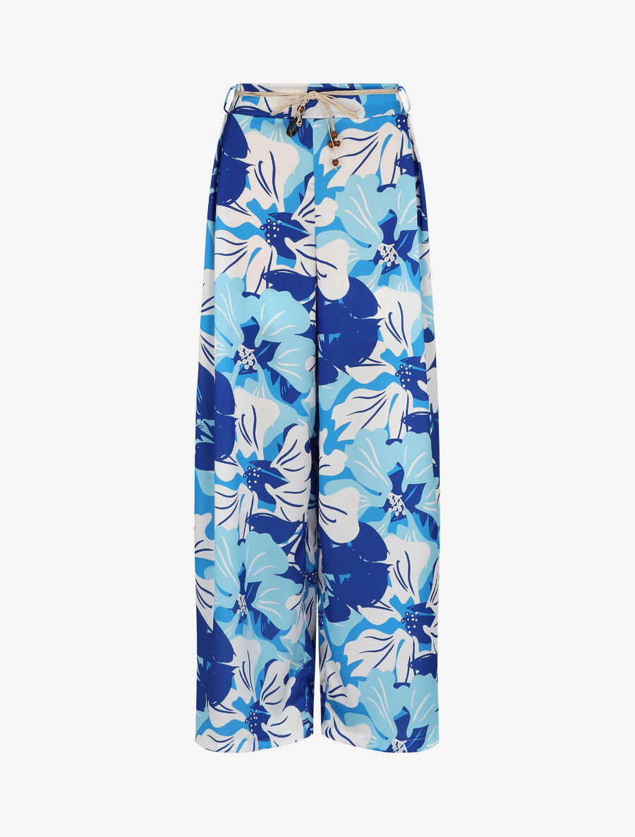Pantalon ample satiné imprimé hibiscus - Bleu - 1
