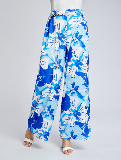 Pantalon ample satiné imprimé hibiscus - Bleu - 4