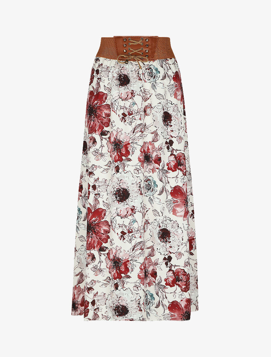 Jupe longue à imprimé grandes fleurs - Beige - 1