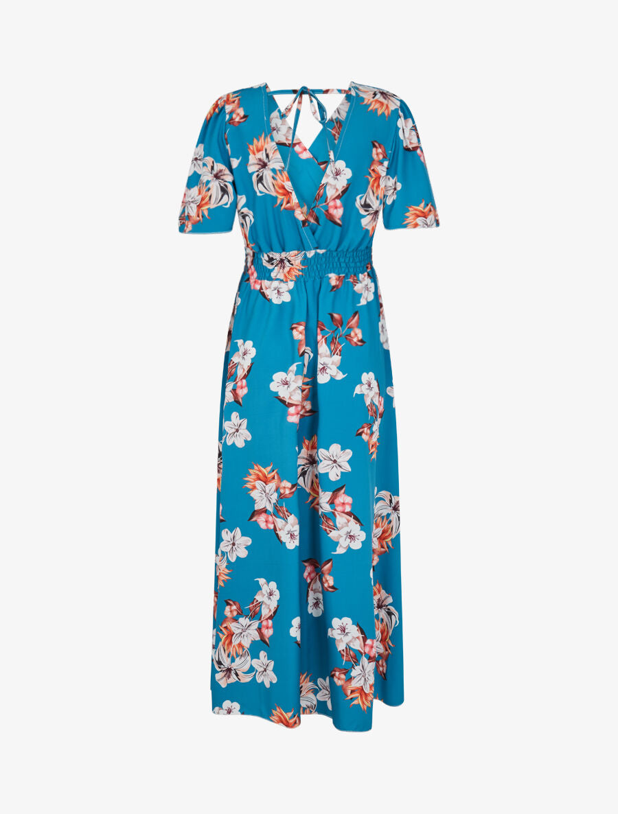 Robe longue imprimé bouquet de lys à manches papillon - Bleu turquoise - 2