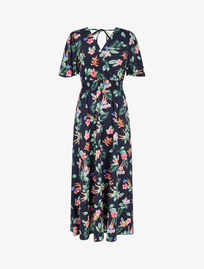 Robe longue imprimé fleur de tiaré à manches papillon - Bleu nuit - 1