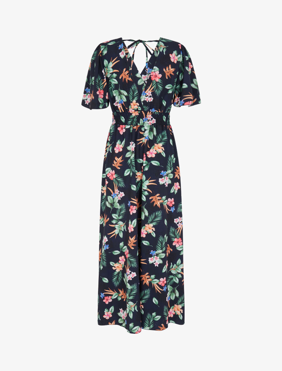 Robe longue imprimé fleur de tiaré à manches papillon - Bleu nuit - 2