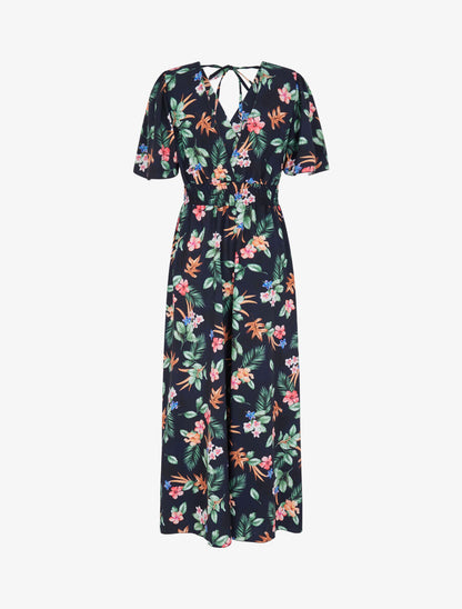 Robe longue imprimé fleur de tiaré à manches papillon - Bleu nuit - 2