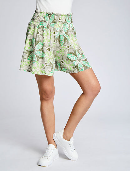 Short fluide évasé à imprimé fleurs stylisées - Kaki - 4