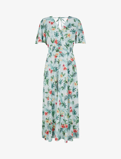 Robe longue imprimé fleur de tiaré à manches papillon - Vert menthe - 4