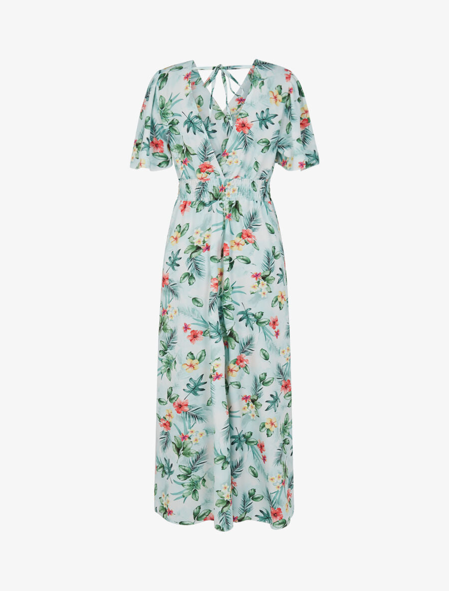 Robe longue imprimé fleur de tiaré à manches papillon - Vert menthe - 2