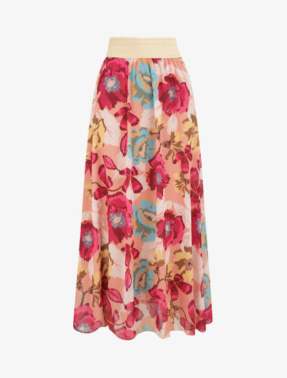 Jupe longue en voile imprimé fleurs abstraites - Rose - 5