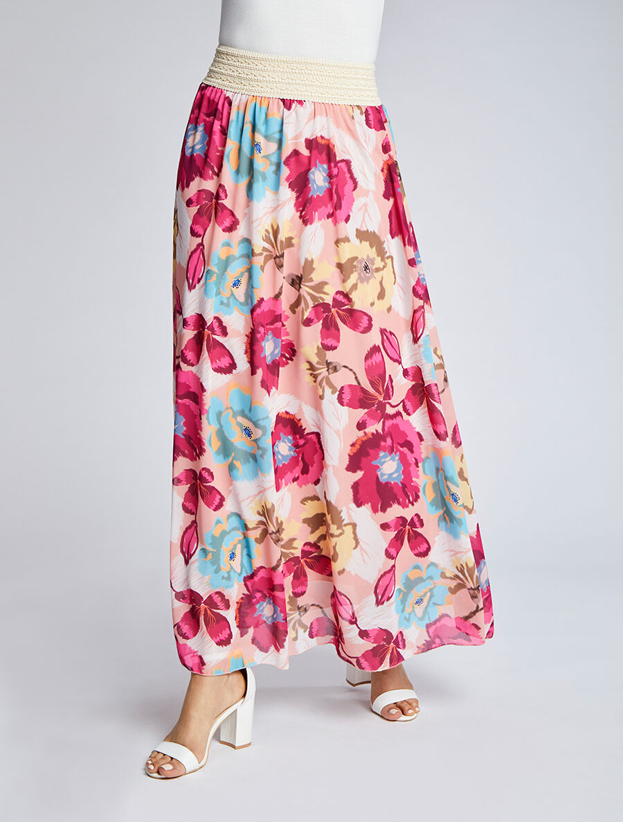 Jupe longue en voile imprimé fleurs abstraites - Rose - 4
