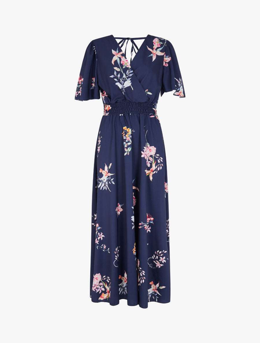 Robe longue imprimé fleurs de printemps à manches papillon - Marine - 1