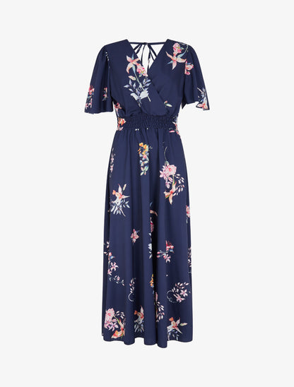 Robe longue imprimé fleurs de printemps à manches papillon - Marine - 1