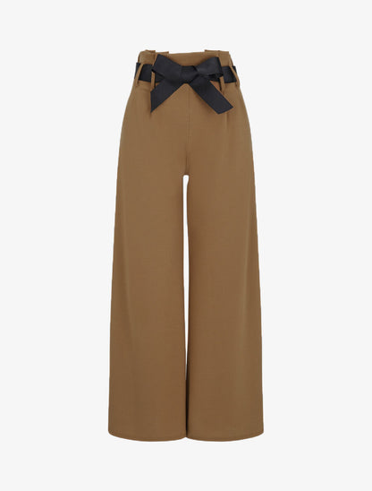 Pantalon ample à taille haute froncée - Marron - 1