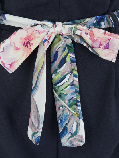 Short taille haute à ceinture imprimé fleurs tropicales - Marine - 3