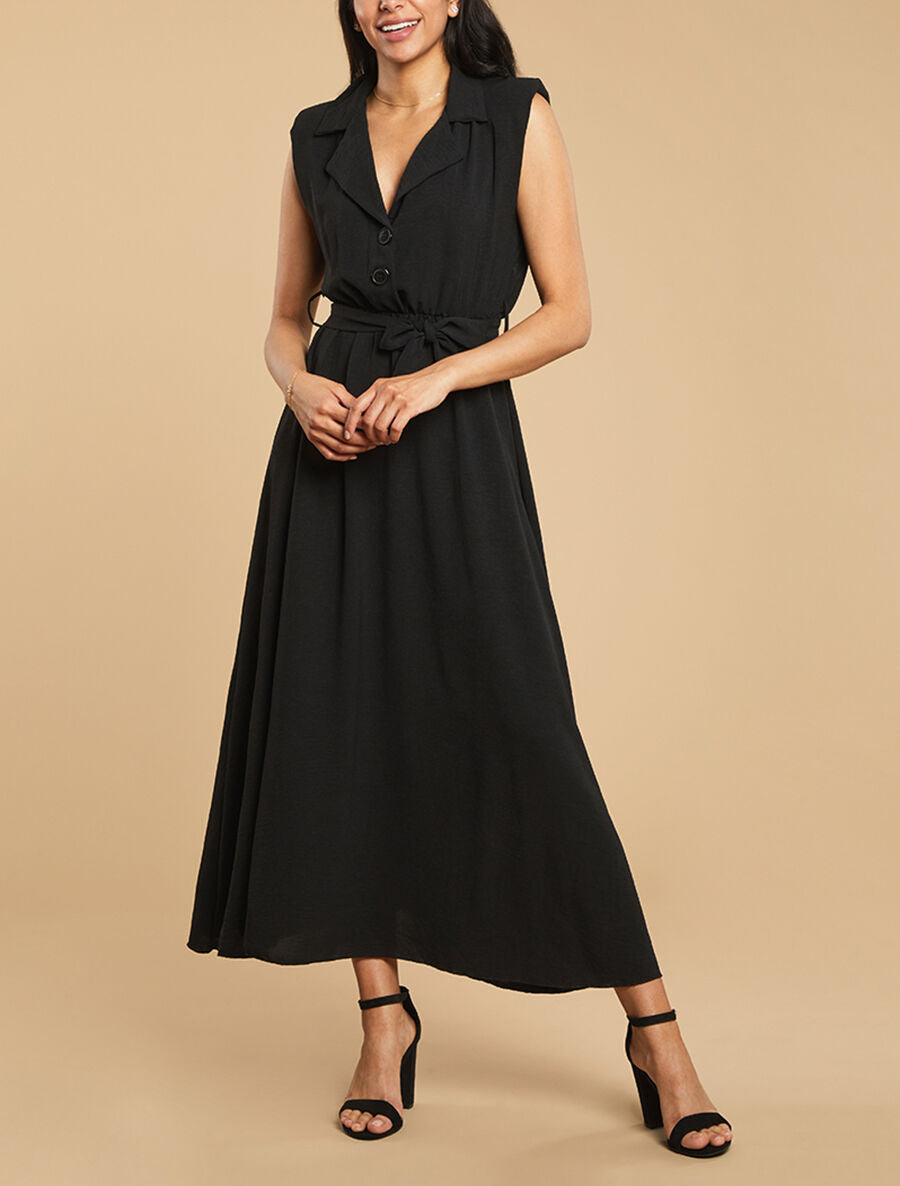 Robe longue à épaulettes effet lin - Noir - 4