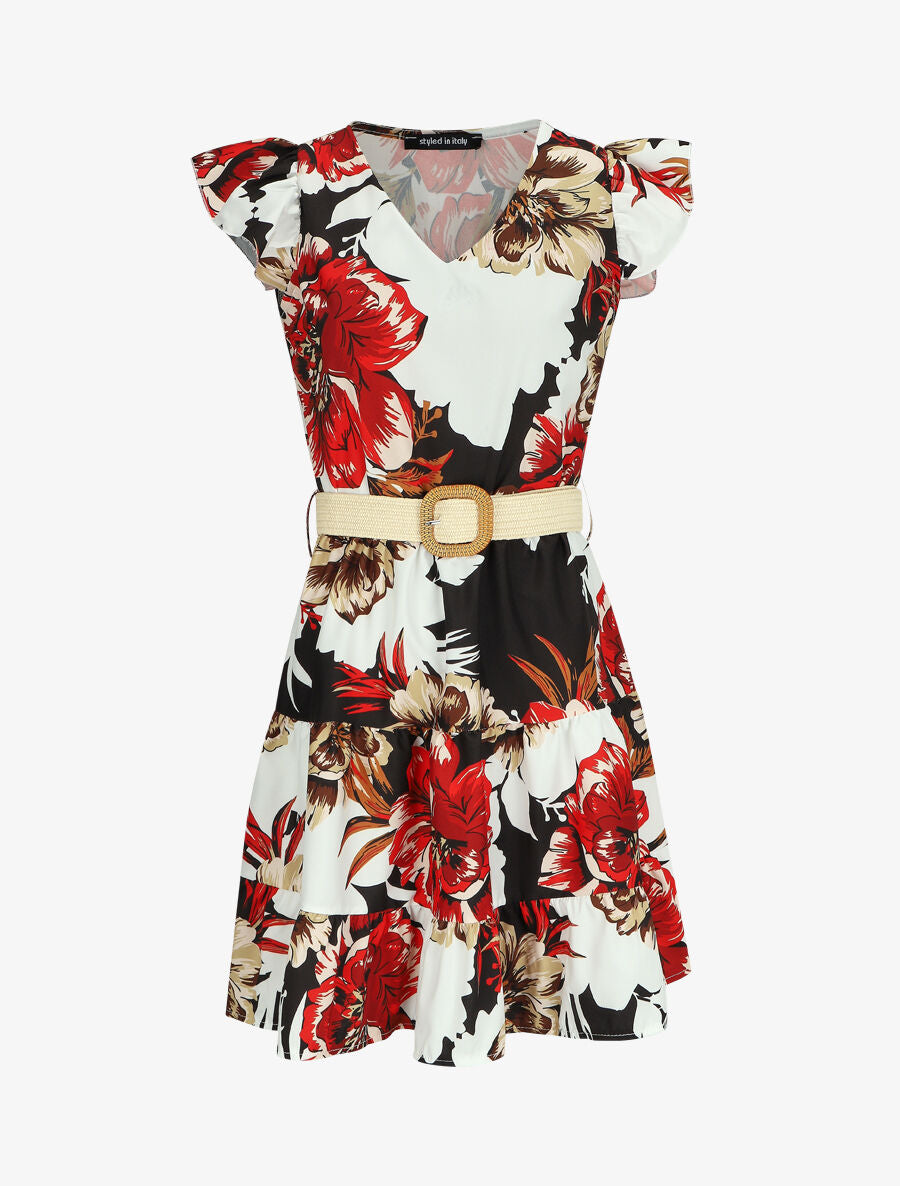 Robe patineuse volantée imprimé pivoines - Noir - 1