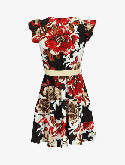 Robe patineuse volantée imprimé pivoines - Noir - 2