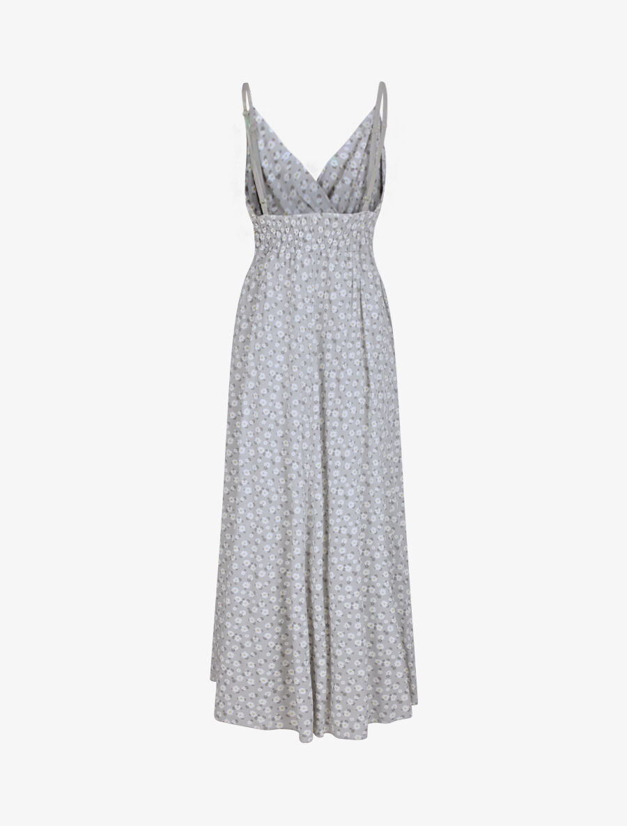 Robe longue empire à bretelles imprimé marguerites - Gris clair - 2