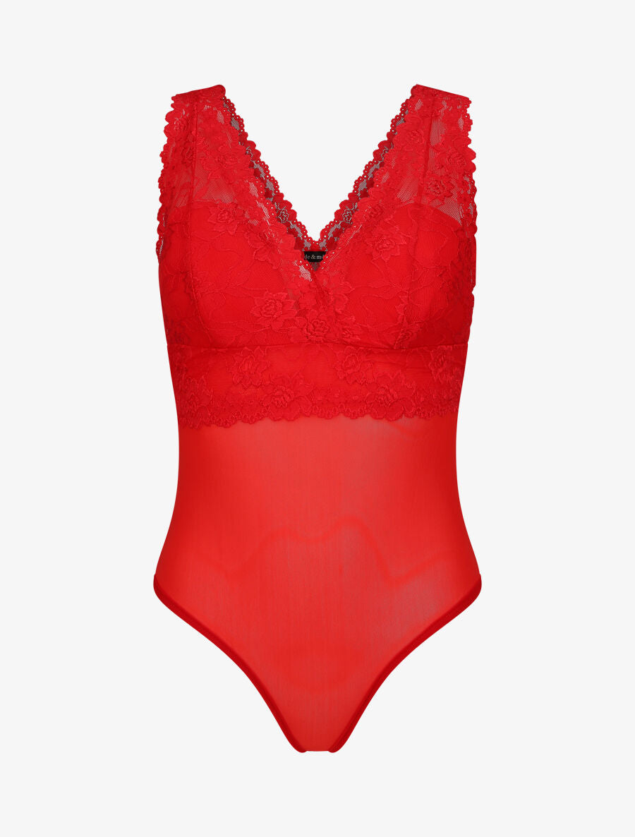 Body uni en dentelle - Rouge - 1