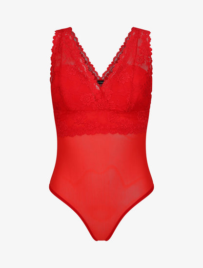 Body uni en dentelle - Rouge - 1
