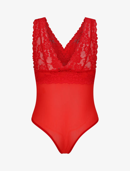 Body uni en dentelle - Rouge - 2