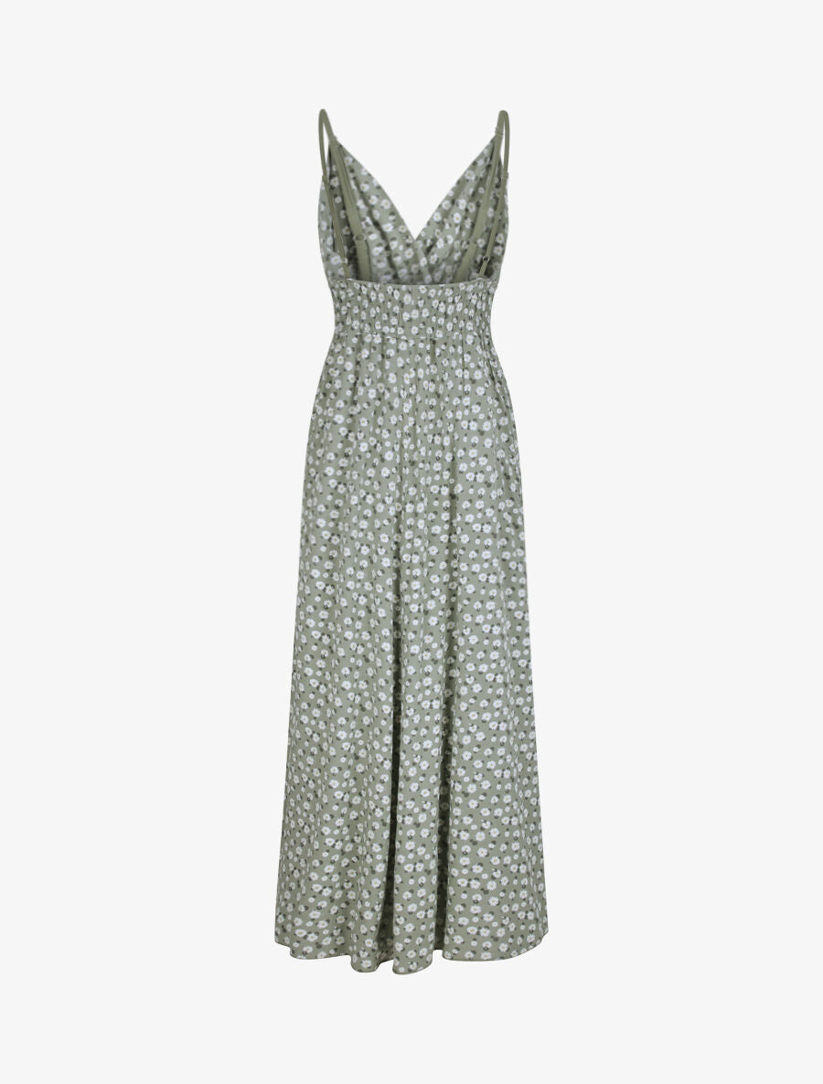 Robe longue empire à bretelles imprimé marguerites - Vert olive - 2