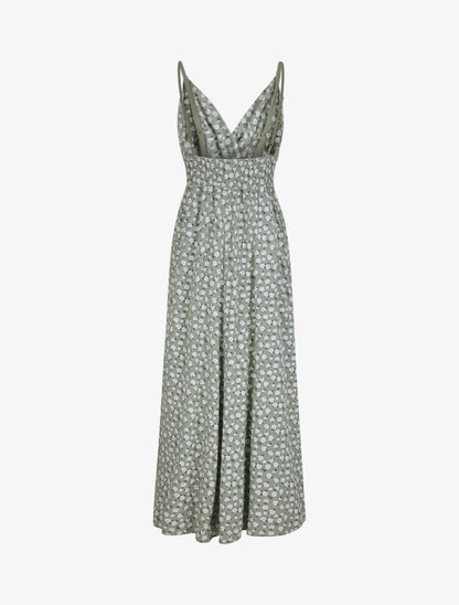 Robe longue empire à bretelles imprimé marguerites - Vert olive - 2