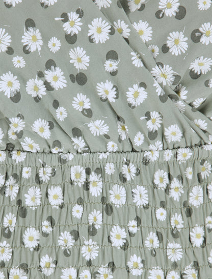 Robe longue empire à bretelles imprimé marguerites - Vert olive - 3