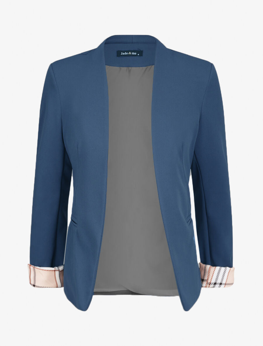 Blazer slim uni à revers imprimé carreaux - Bleu pétrole - 1