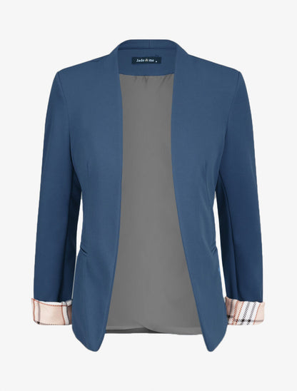 Blazer slim uni à revers imprimé carreaux - Bleu pétrole - 1