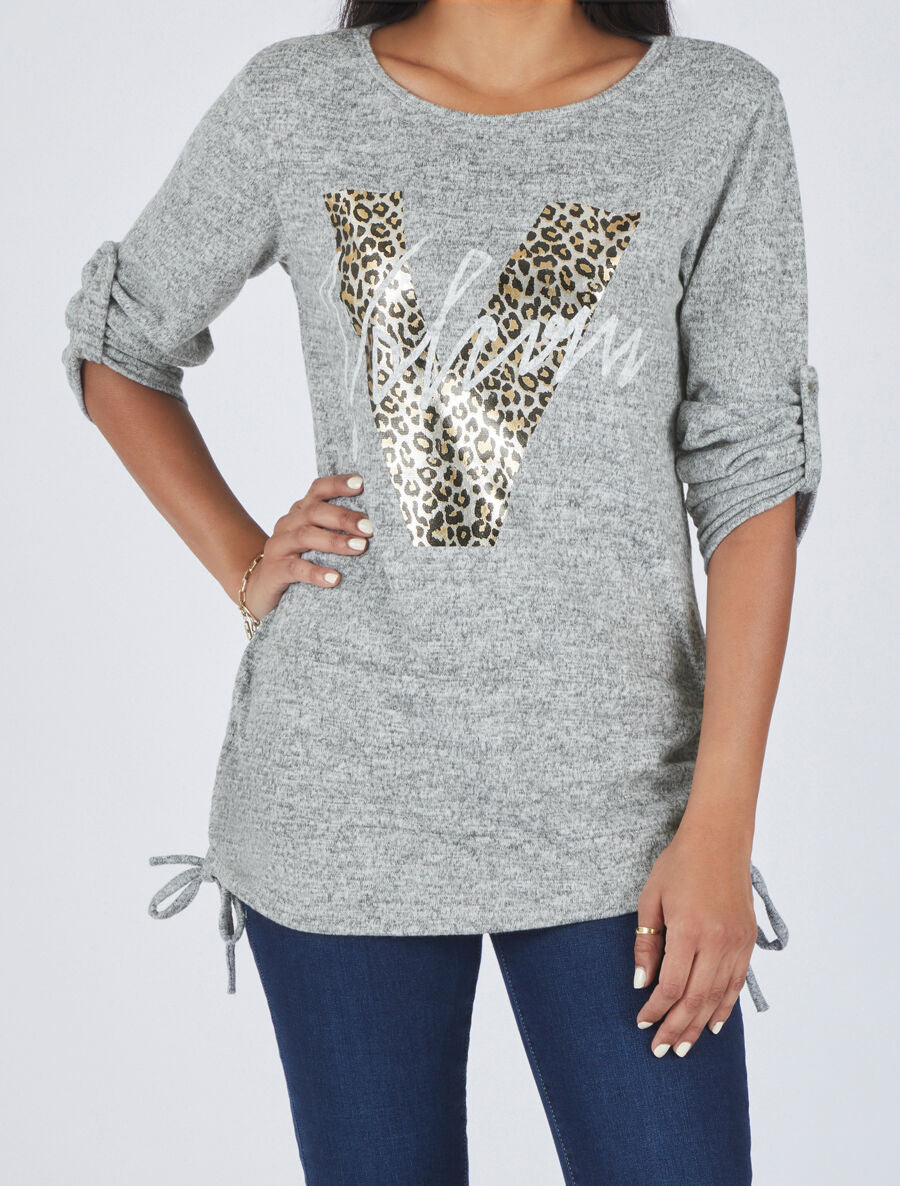 Pull ample à flocage V léopard - Gris chiné - 4