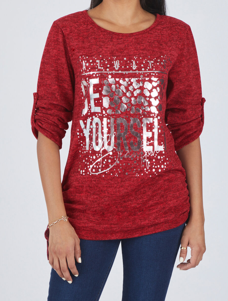 Pull ample à flocage Always be yourself - Rouge - 4