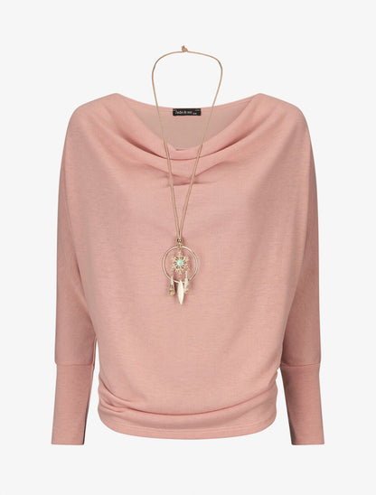 Pull uni à col bénitier et sautoir - Rose - 5