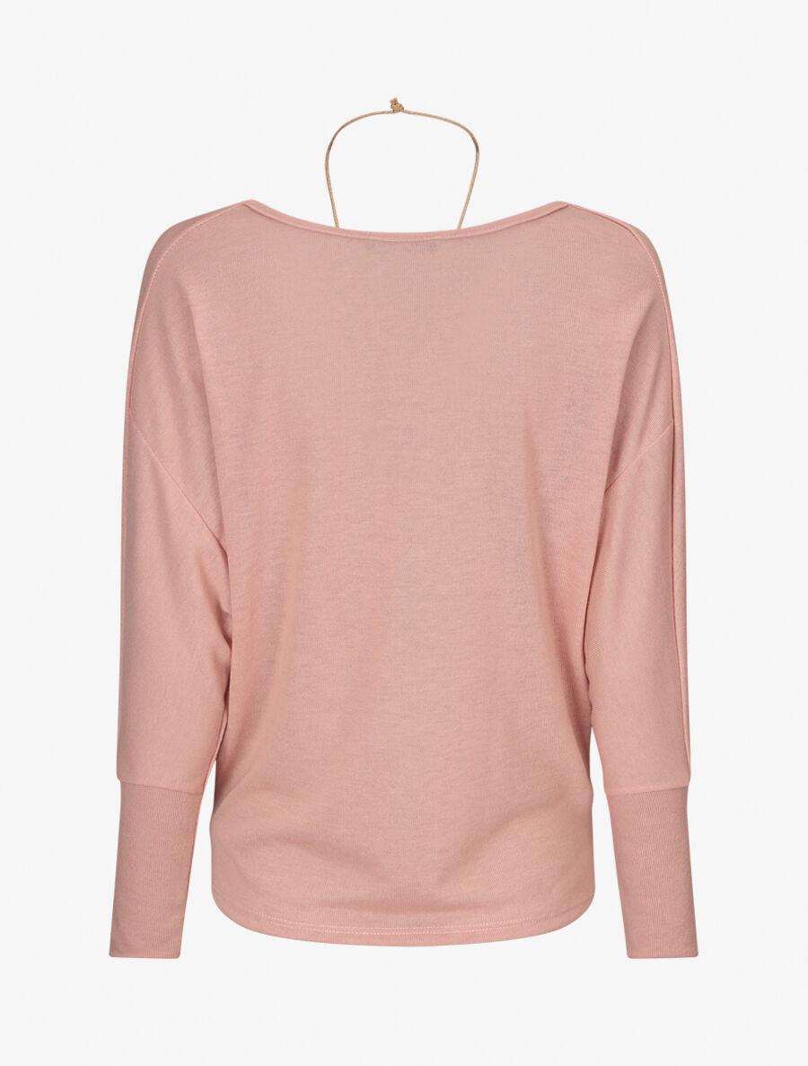 Pull uni à col bénitier et sautoir - Rose - 2