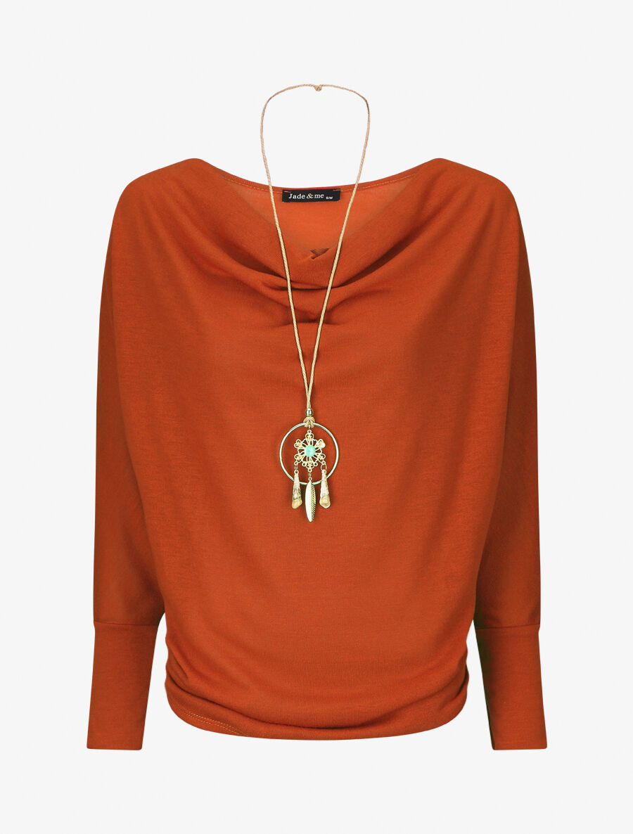 Pull uni à col bénitier et sautoir - Rouille - 5
