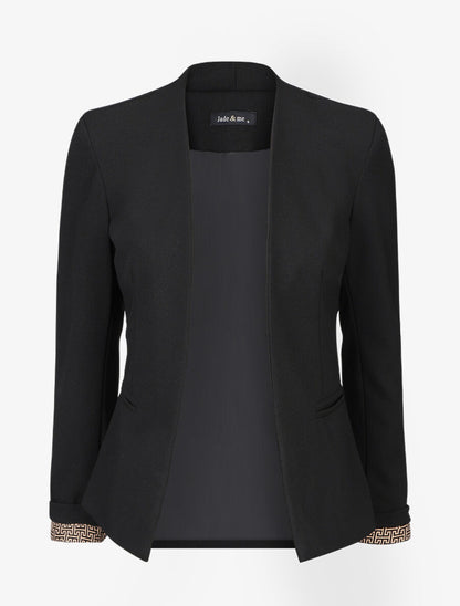 Blazer uni à revers imprimé grec - Noir - 4