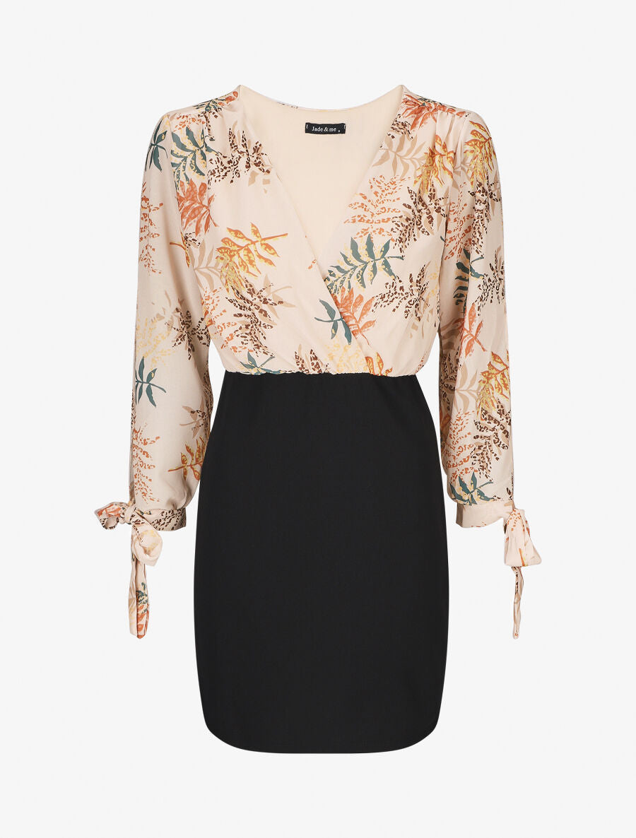 Robe fourreau à buste imprimé feuillage - Beige - 1