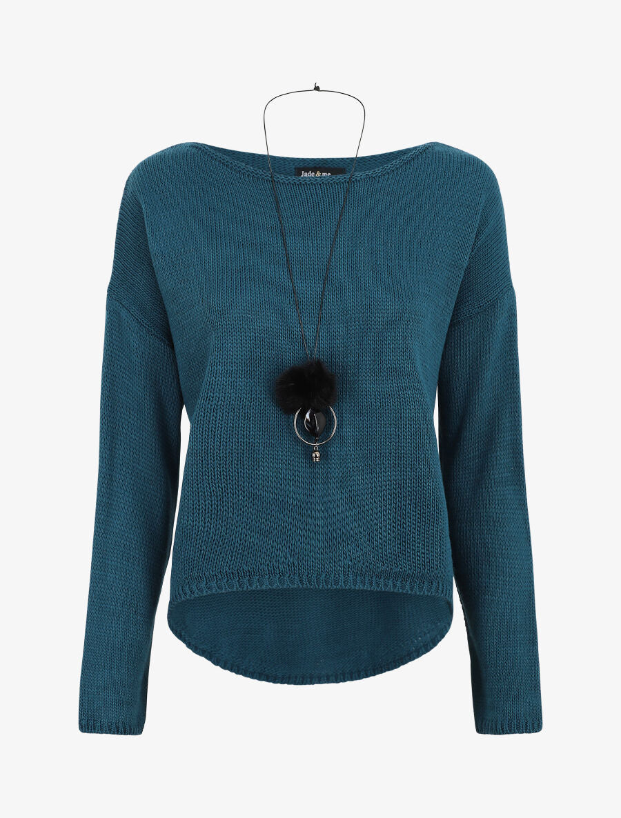 Pull uni col bateau - Bleu canard - 1