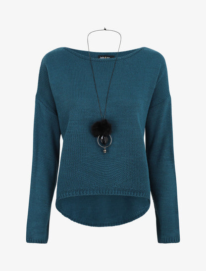 Pull uni col bateau - Bleu canard - 1