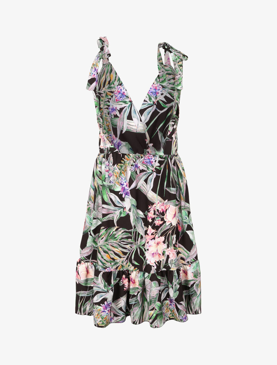 Robe patineuse mi-longue imprimé jungle tropicale - Noir - 2