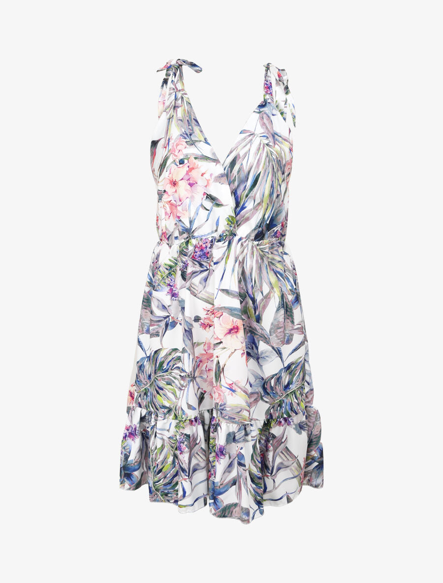 Robe patineuse mi-longue imprimé jungle tropicale - Blanc - 1