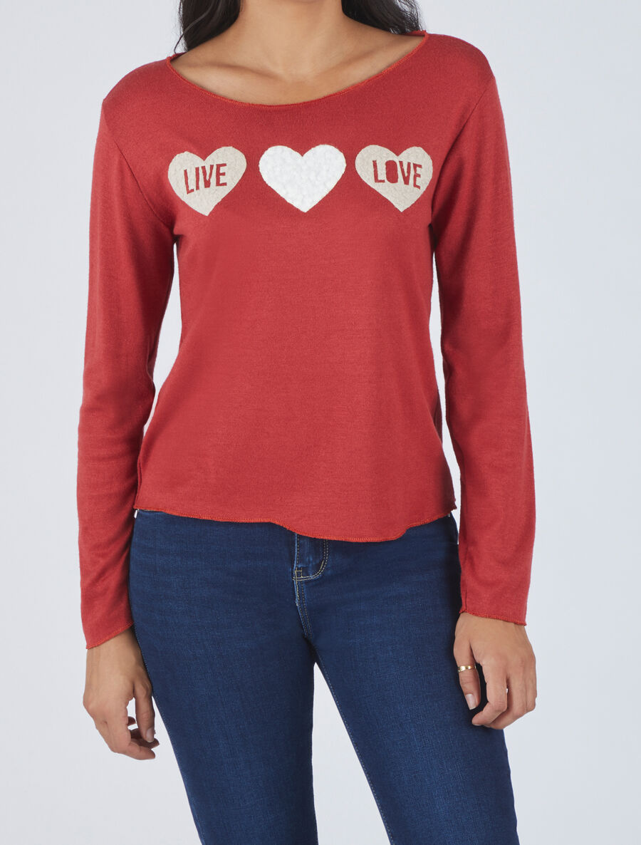 Pull floqué en laine mélangée - Rouge brique - 4