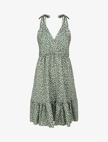 Robe patineuse mi-longue imprimé pois - Kaki - 1