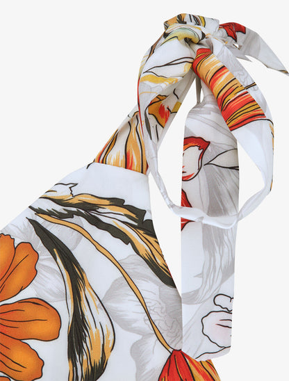 Robe patineuse mi-longue imprimé fleurs tropicales - Blanc - 3