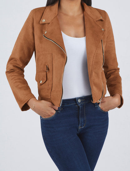 Veste style perfecto zippée en suédine - Camel - 4